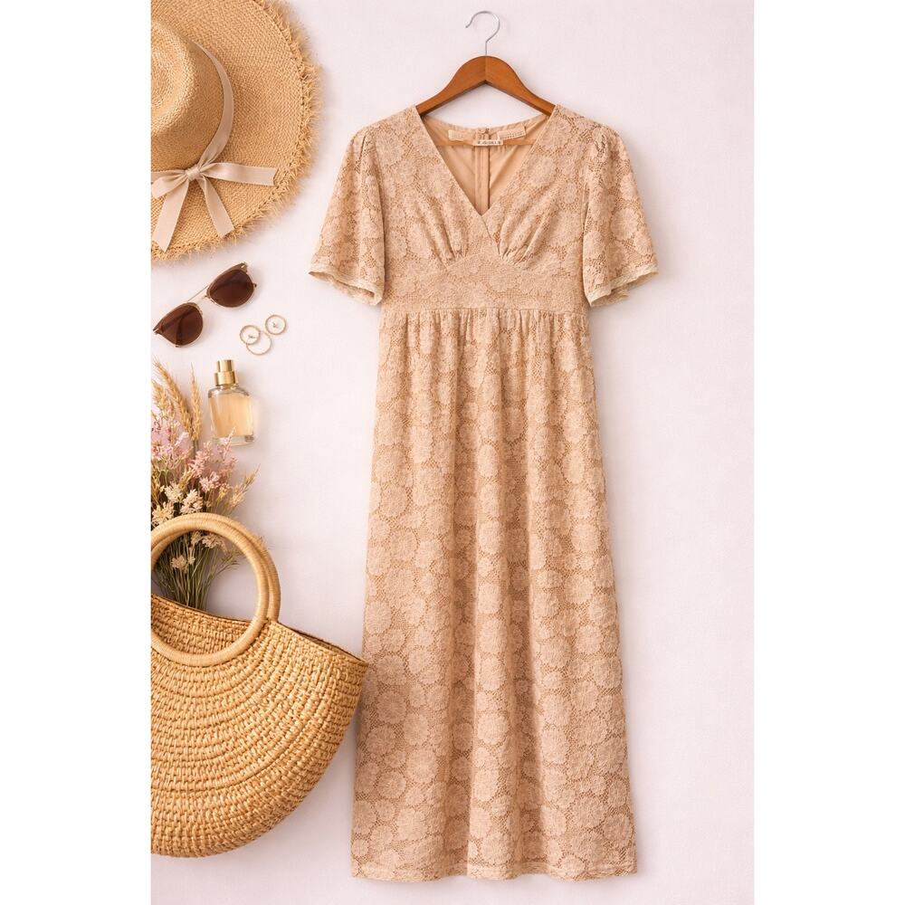 Bella Ella Lace Midi Dress Beige Floral Cottagecore Boho Romantic Victorian